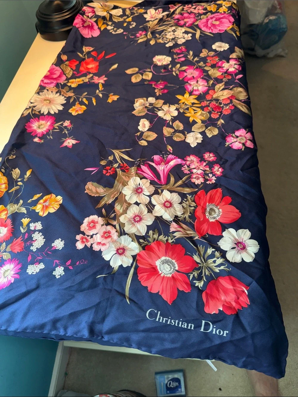 Dior Floral Navy Scarf with Multi-Colored Blooms by with COA
